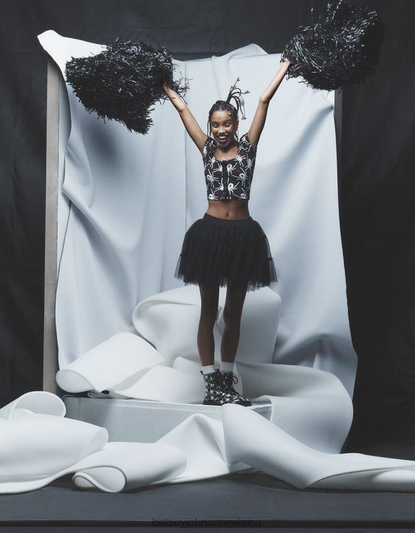 Betsey Johnson ropa mujer F00V291 top corto con mangas abullonadas de 80th bash blanco negro