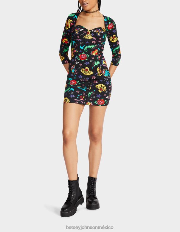 Betsey Johnson ropa mujer F00V292 80th bash corset raglan top tatuaje tatuaje pri