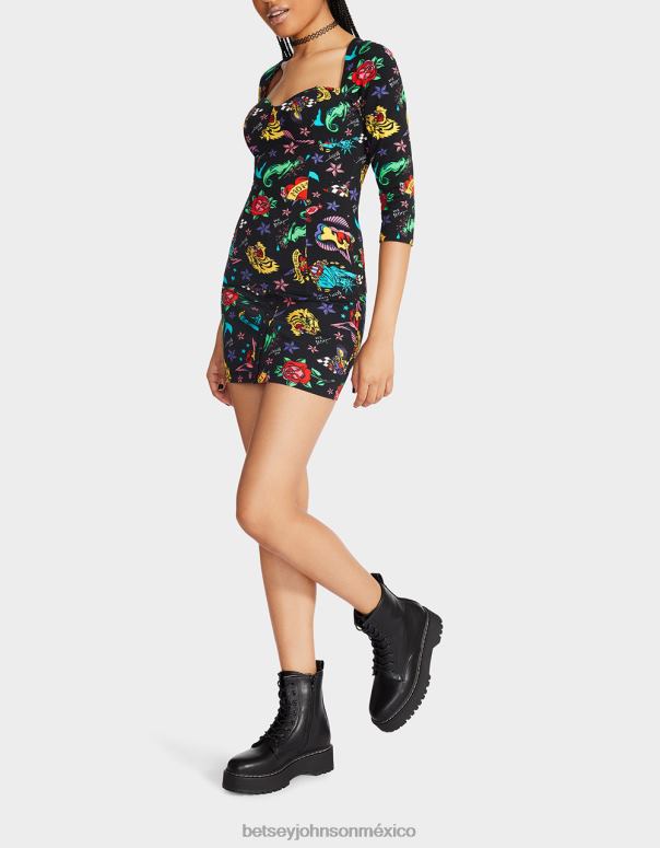 Betsey Johnson ropa mujer F00V292 80th bash corset raglan top tatuaje tatuaje pri