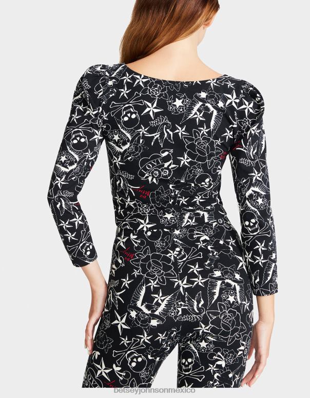 Betsey Johnson ropa mujer F00V295 bonito en punk vintage inspirado en el tatuaje de la parte superior de la manga de soplo imprimir