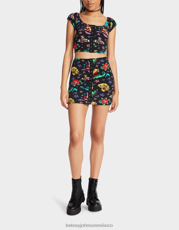Betsey Johnson ropa mujer F00V288 Tatuaje de minifalda delantera con broche de presión de 80th bash tatuaje pri
