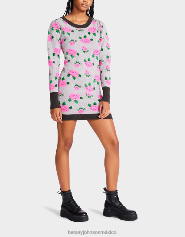 Betsey Johnson ropa mujer F00V298 vestido tipo suéter con rosas de neón en jacquard gris