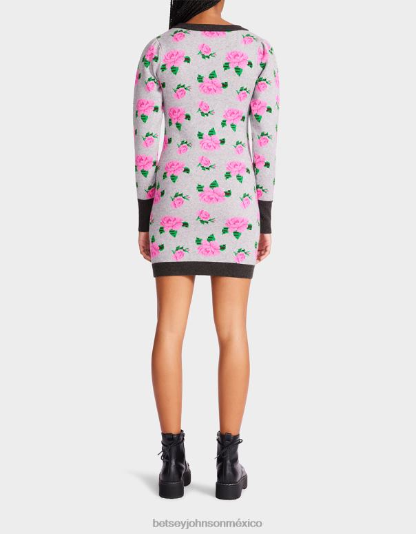 Betsey Johnson ropa mujer F00V298 vestido tipo suéter con rosas de neón en jacquard gris