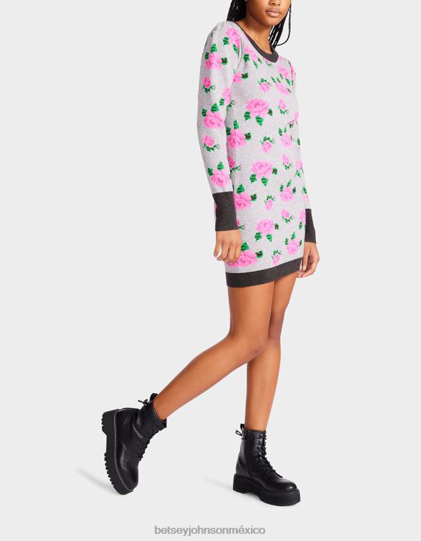 Betsey Johnson ropa mujer F00V298 vestido tipo suéter con rosas de neón en jacquard gris