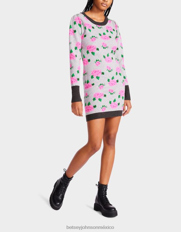Betsey Johnson ropa mujer F00V298 vestido tipo suéter con rosas de neón en jacquard gris