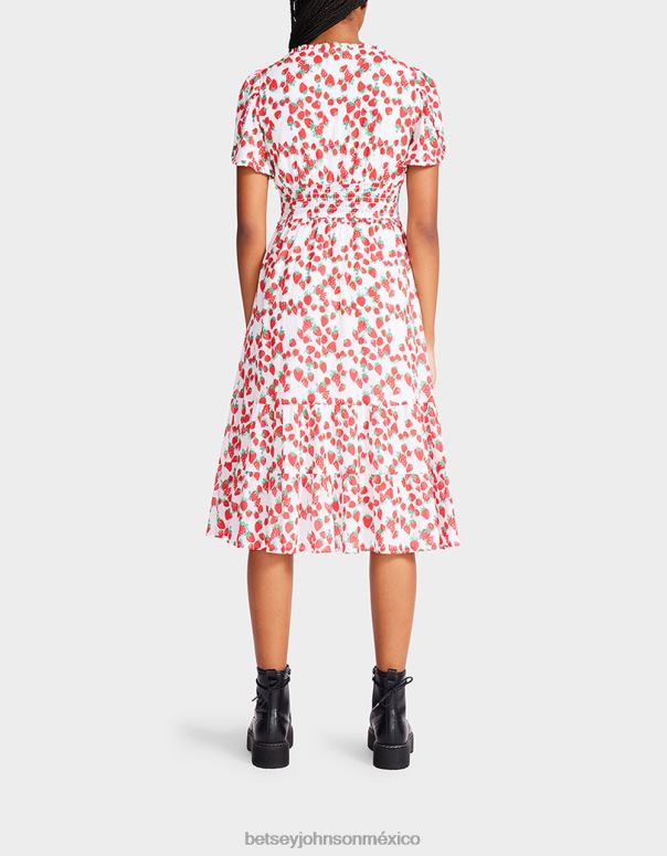 Betsey Johnson ropa mujer F00V302 vestido midi de gasa de algodón de campos de fresas blanco