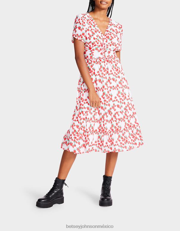 Betsey Johnson ropa mujer F00V302 vestido midi de gasa de algodón de campos de fresas blanco