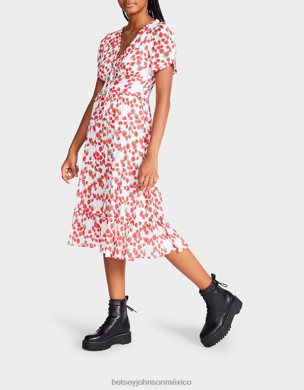 Betsey Johnson ropa mujer F00V302 vestido midi de gasa de algodón de campos de fresas blanco