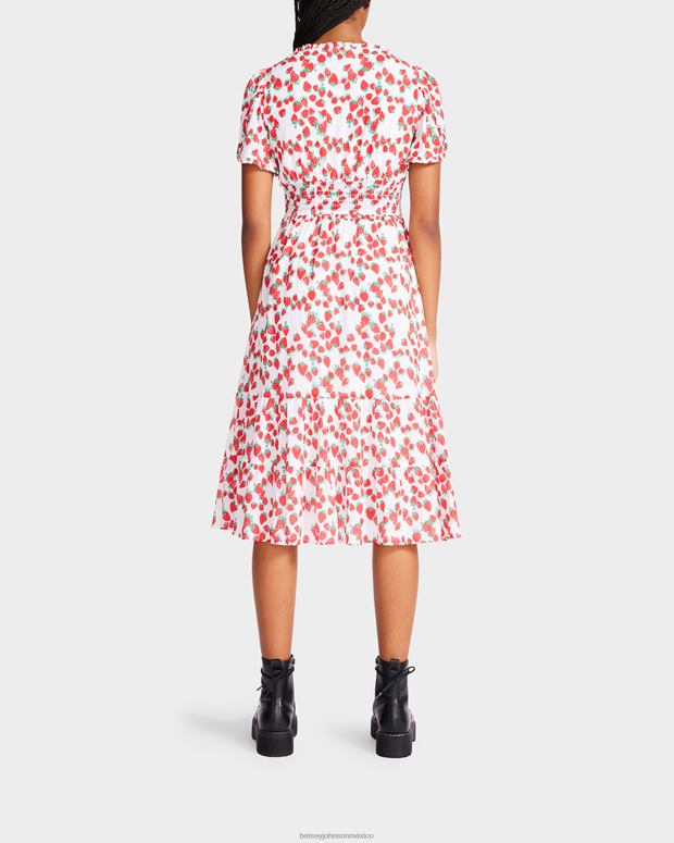 Betsey Johnson ropa mujer F00V302 vestido midi de gasa de algodón de campos de fresas blanco